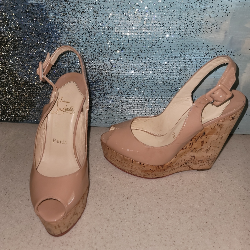 CHRISTIAN LOUBOUTIN NUDE Open Toe Slingback Cork Wegde 36.5